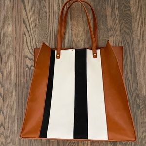 Nordstrom BP Stripe Faux Leather Cognac tote with inside black pouch